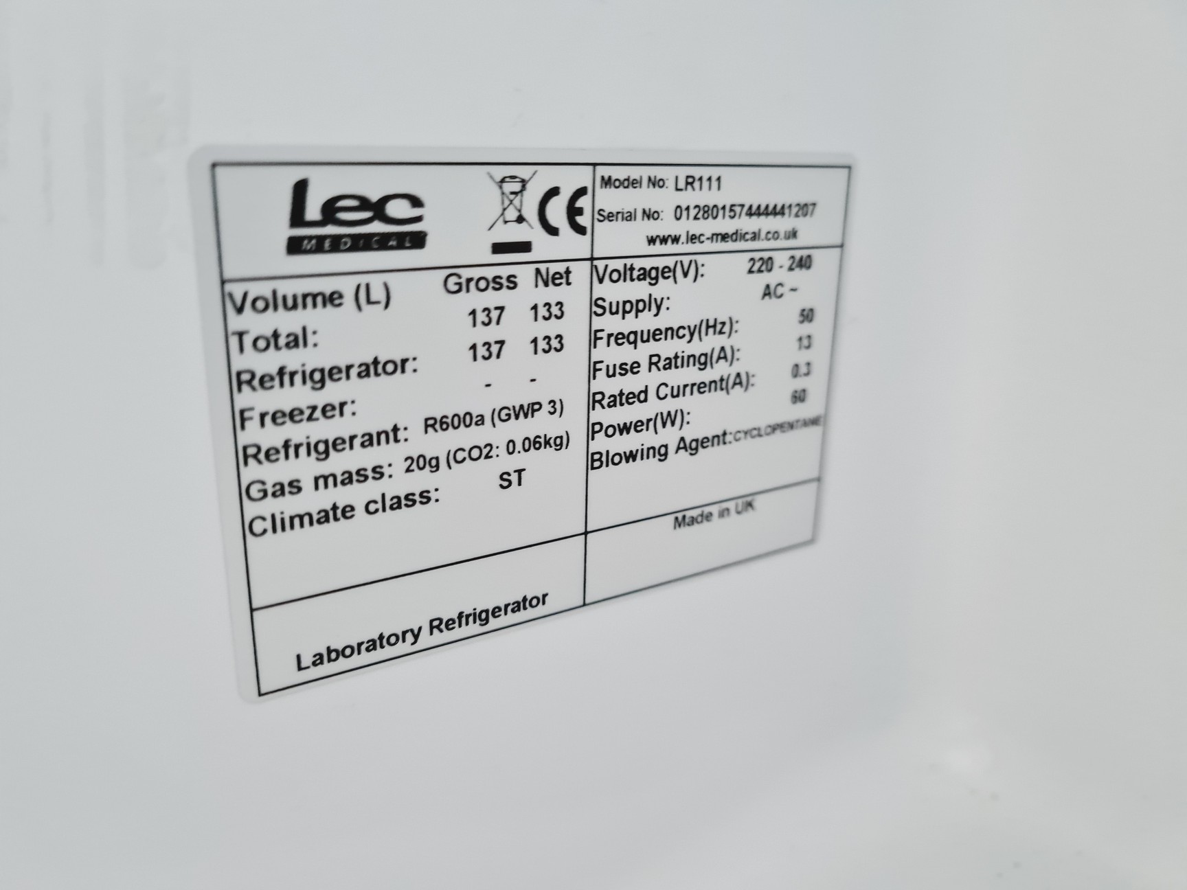 Image of LEC Laboratory Refrigerator LR111 Spares/Repair Lab