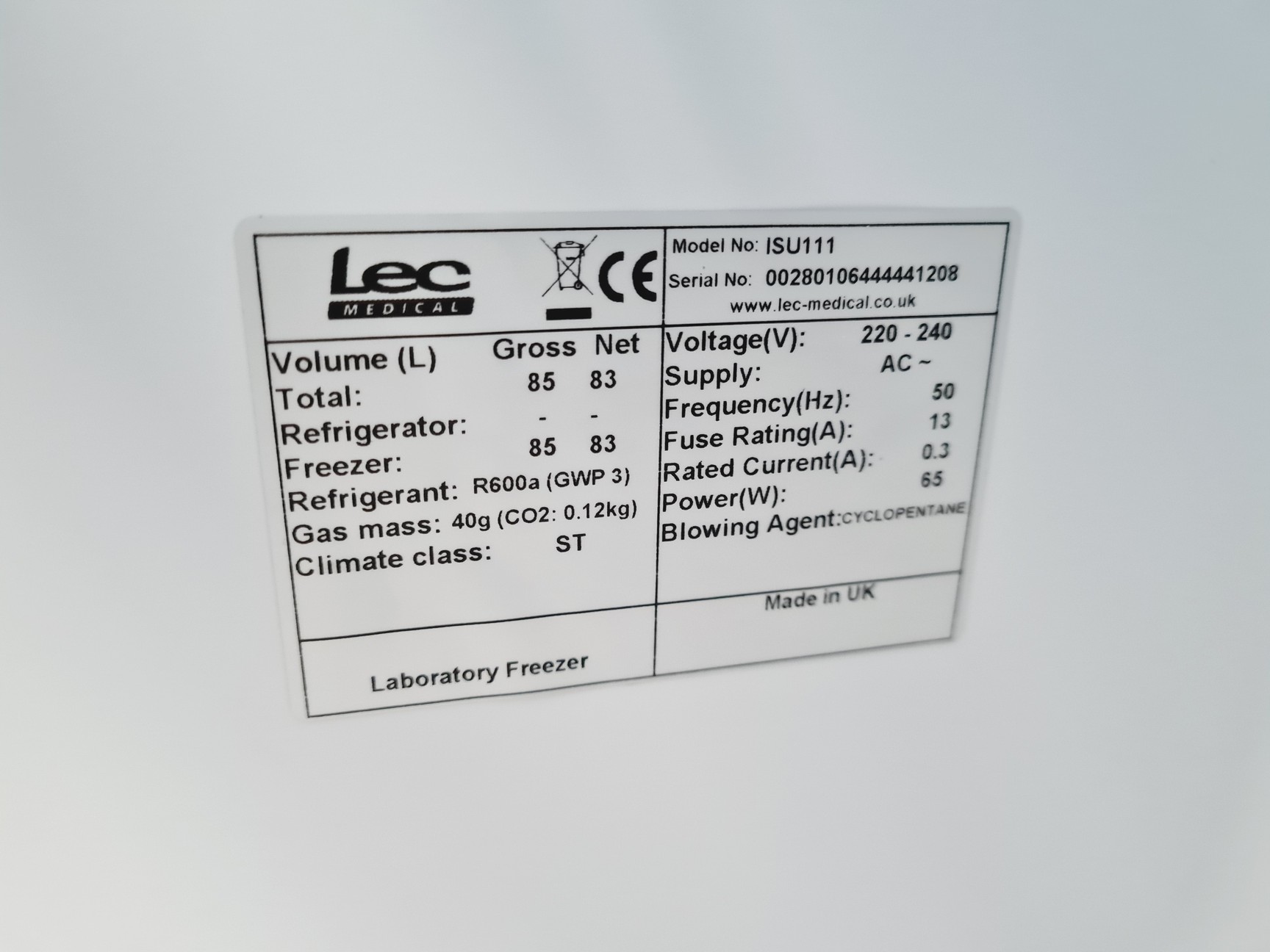 Image of LEC+ ISU1111 Medical Freezer Lab
