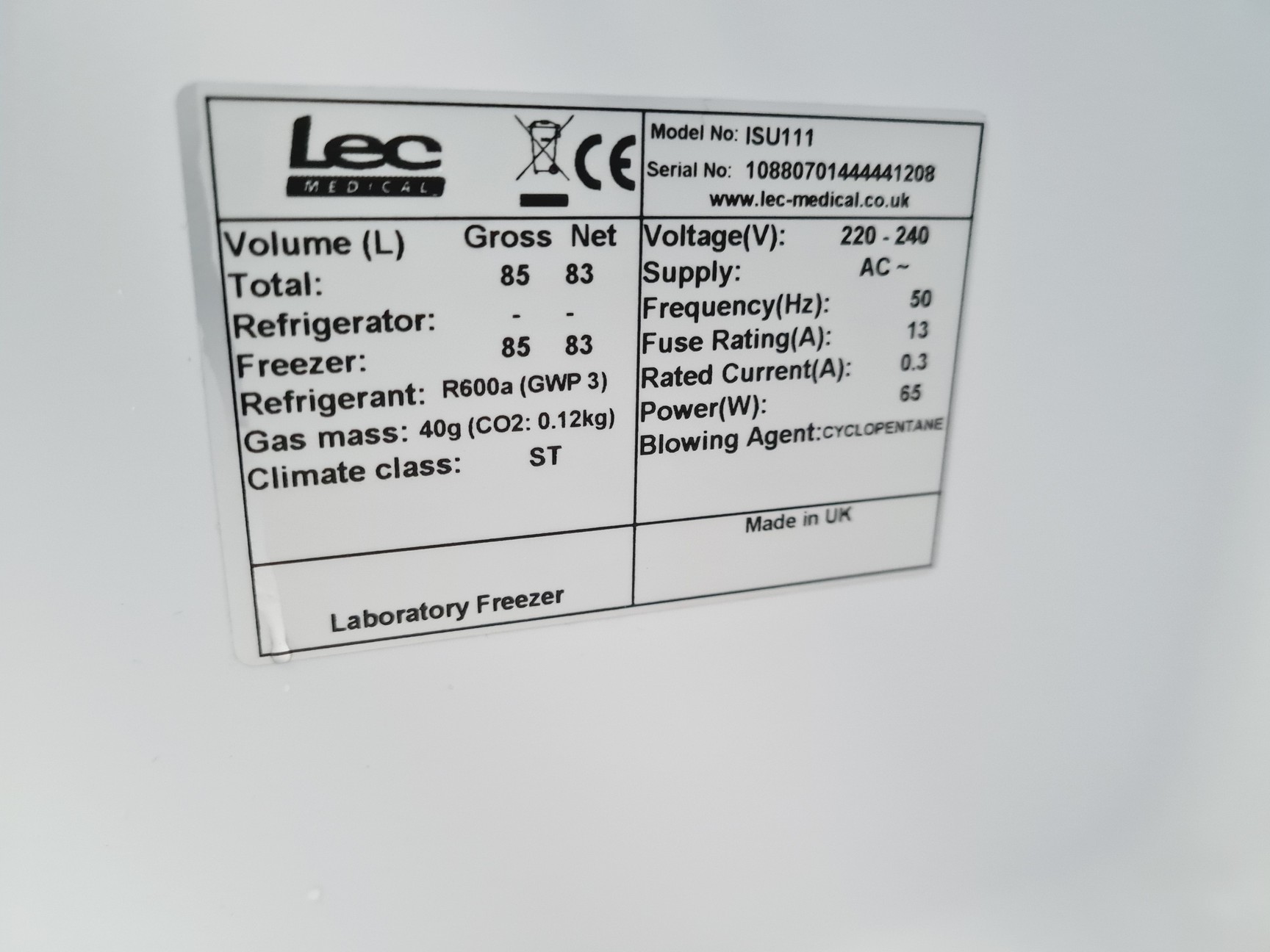 Image of LEC+ Model Type ISU1111 Laboratory Medical Freezer -20 Lab