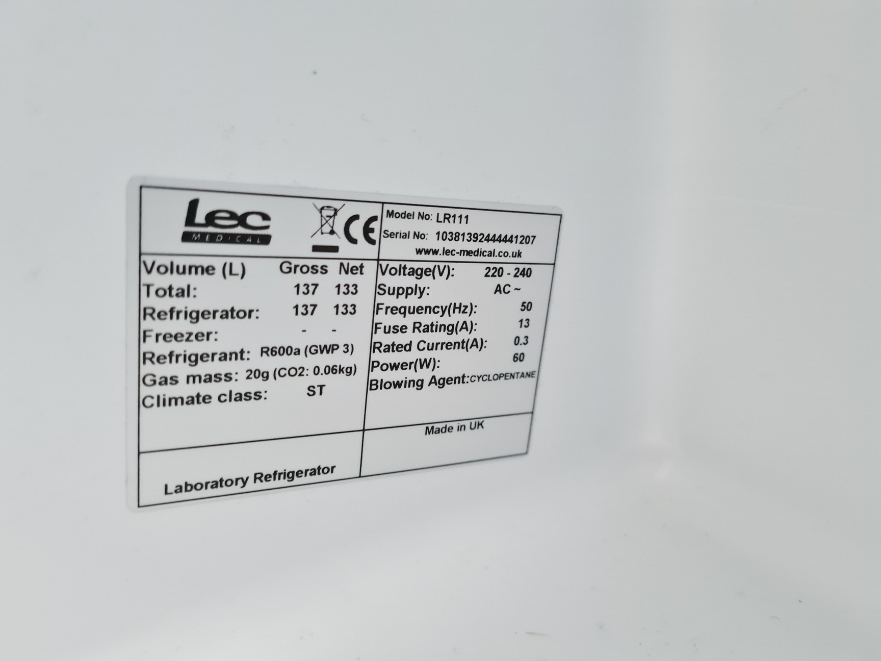 Image of LEC Model LR111 Laboratory Refrigerator Spares/Repair Lab
