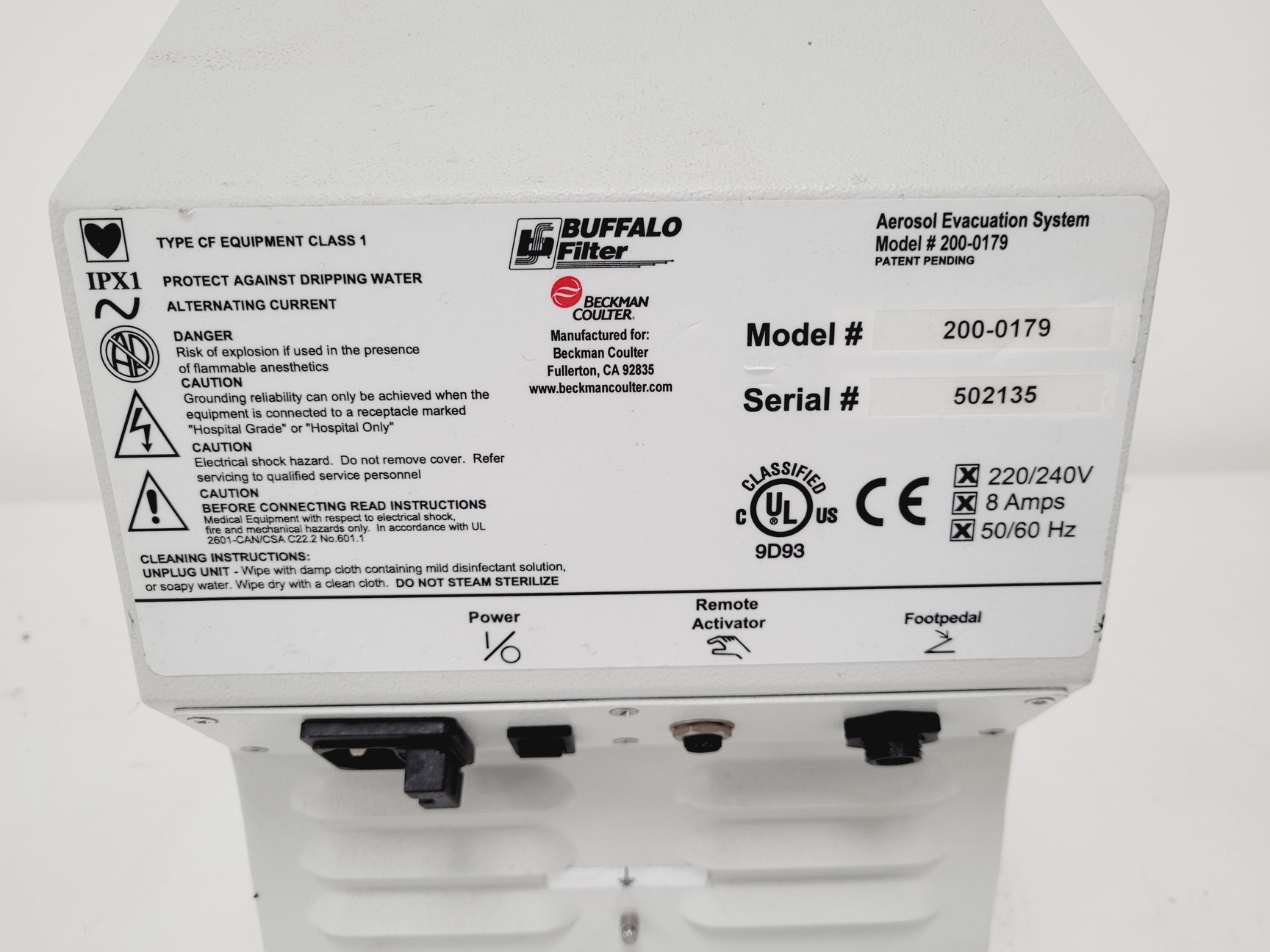 Image of Beckman Coulter 200-0179 Aerosol Evacuation System Buffalo Filter w/ Foot Pedal 