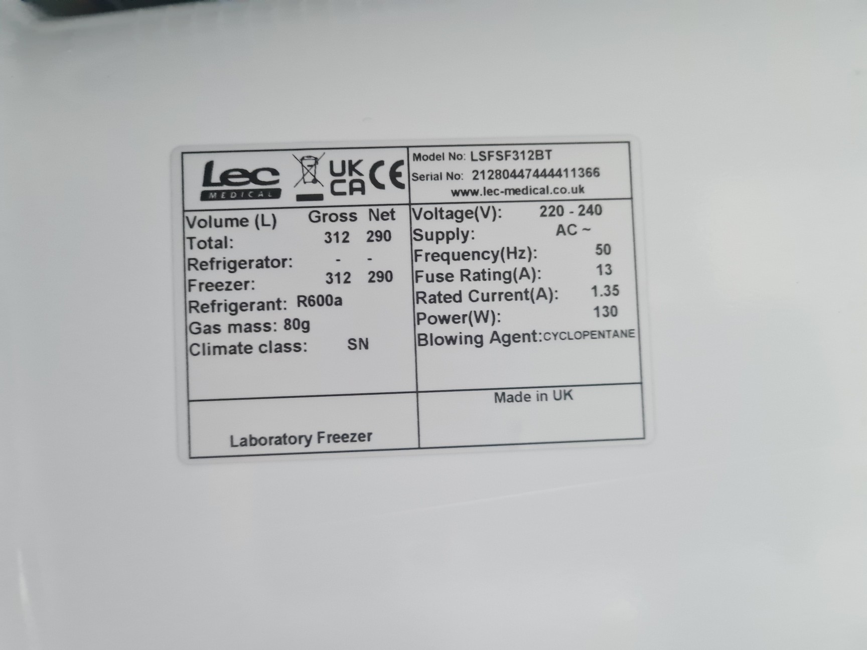 Image of LEC Medical LSFSF312BT Laboratory Freezer - Lab