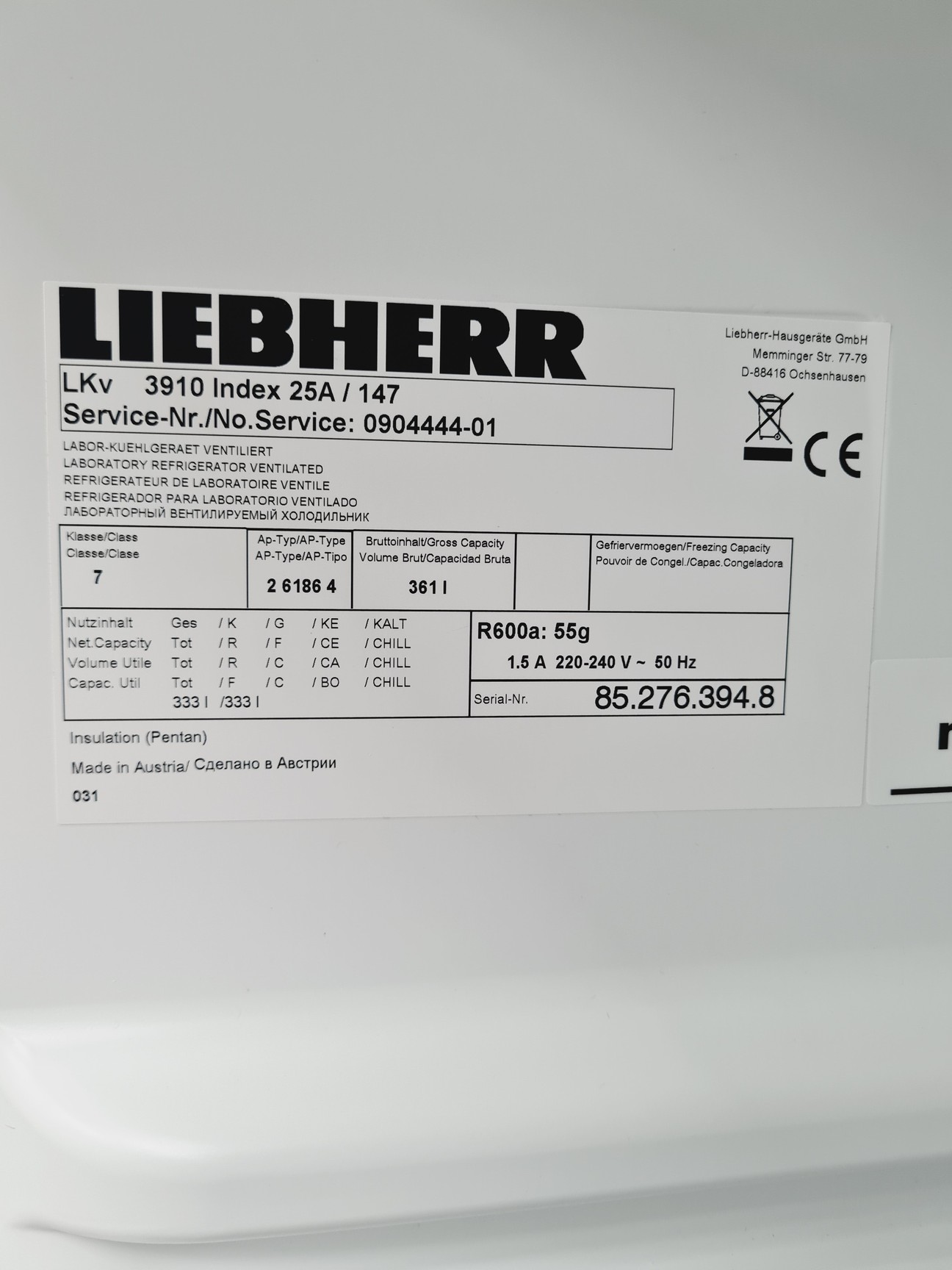 Image of  Liebherr LKv Model No. 3910 MediLine Lab Refrigerator Lab
