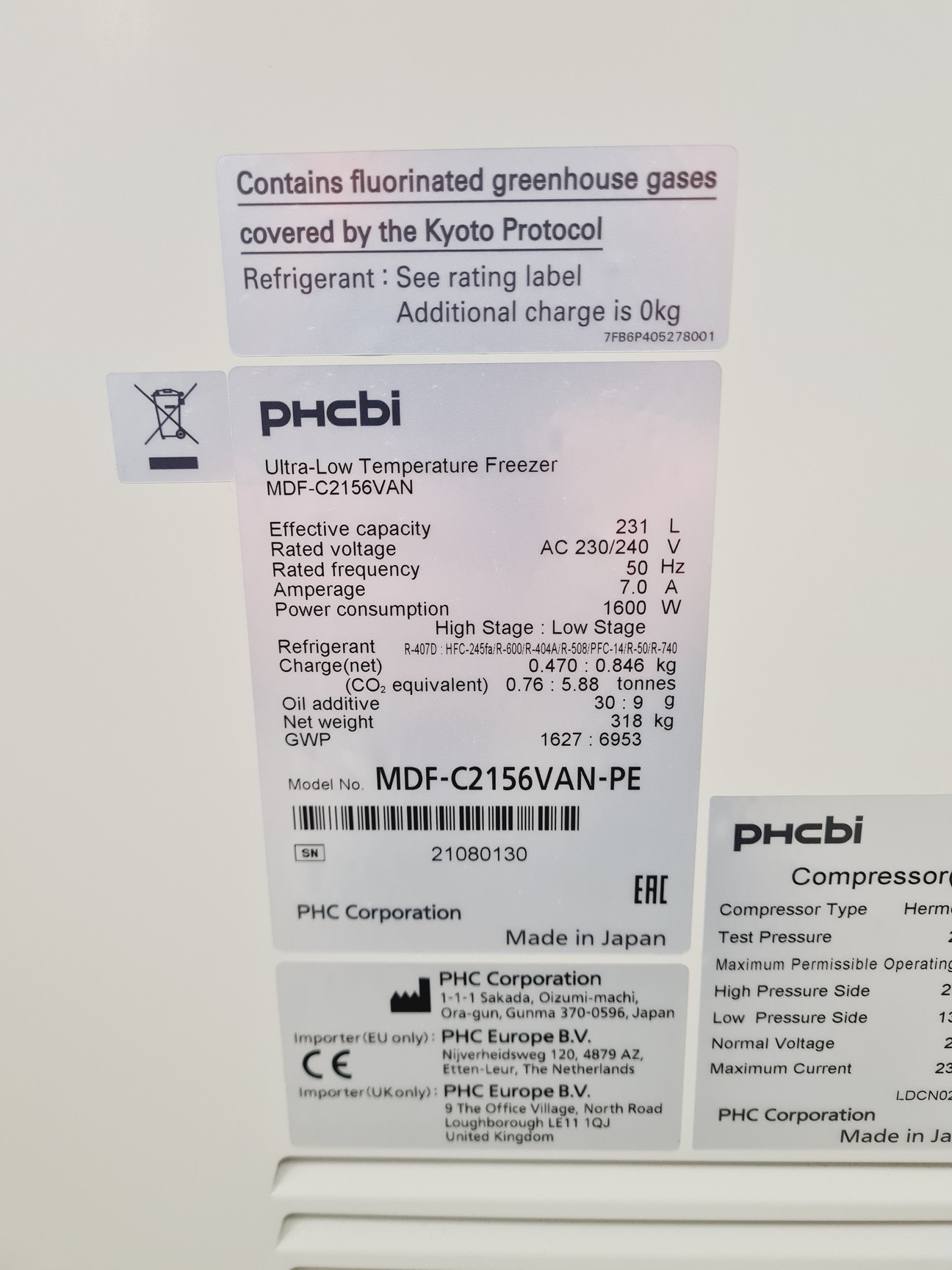 Image of PHCBI Ultra Low Temperature -150˚C Freezer MDF-C2156VAN VIP Series Lab