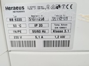 Thumbnail image of Heraeus CO2 Incubator BB6220 Lab Oven - Spares / Repairs Faulty CO2 Sensor Lab