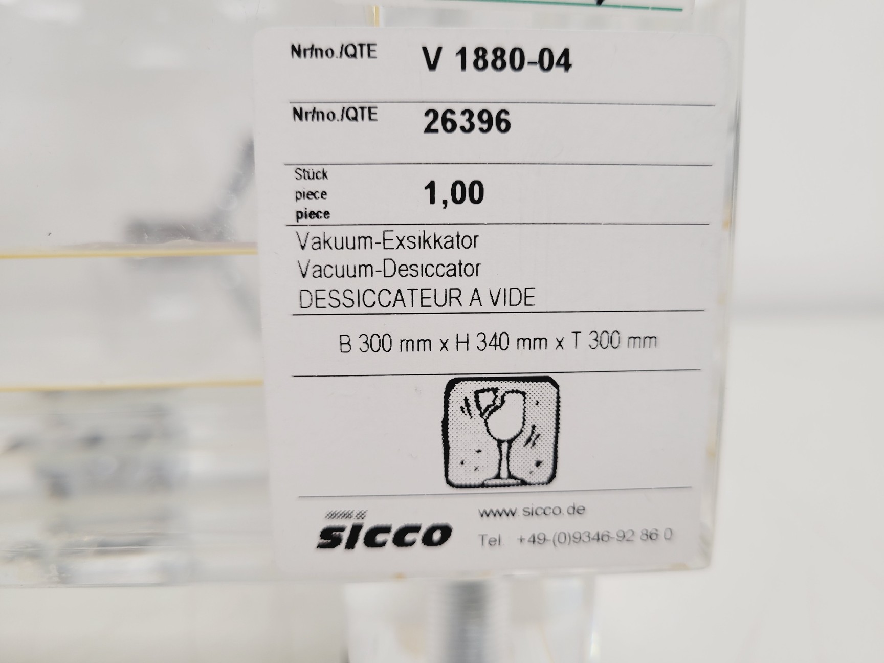Image of Sicco Desiccator Cabinet Vacuum 260 x 260 x 260 mm (Internal W x D x H) Lab