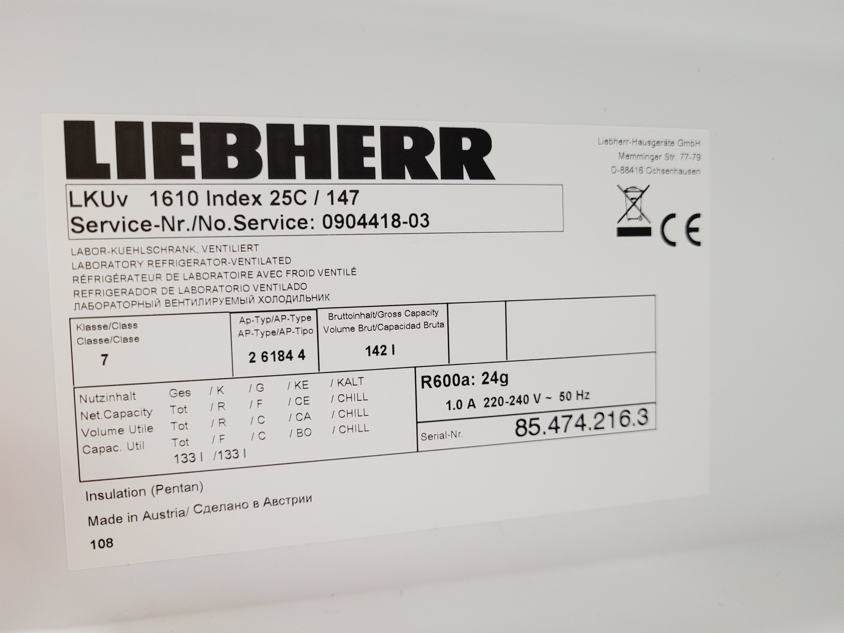 Image of Liebherr LKUv Model 1610 MediLine Fridge Lab