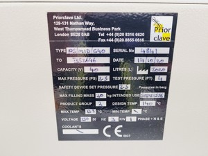 Thumbnail image of Priorclave PS/MID/C40 Benchtop Autoclave (2020) Lab