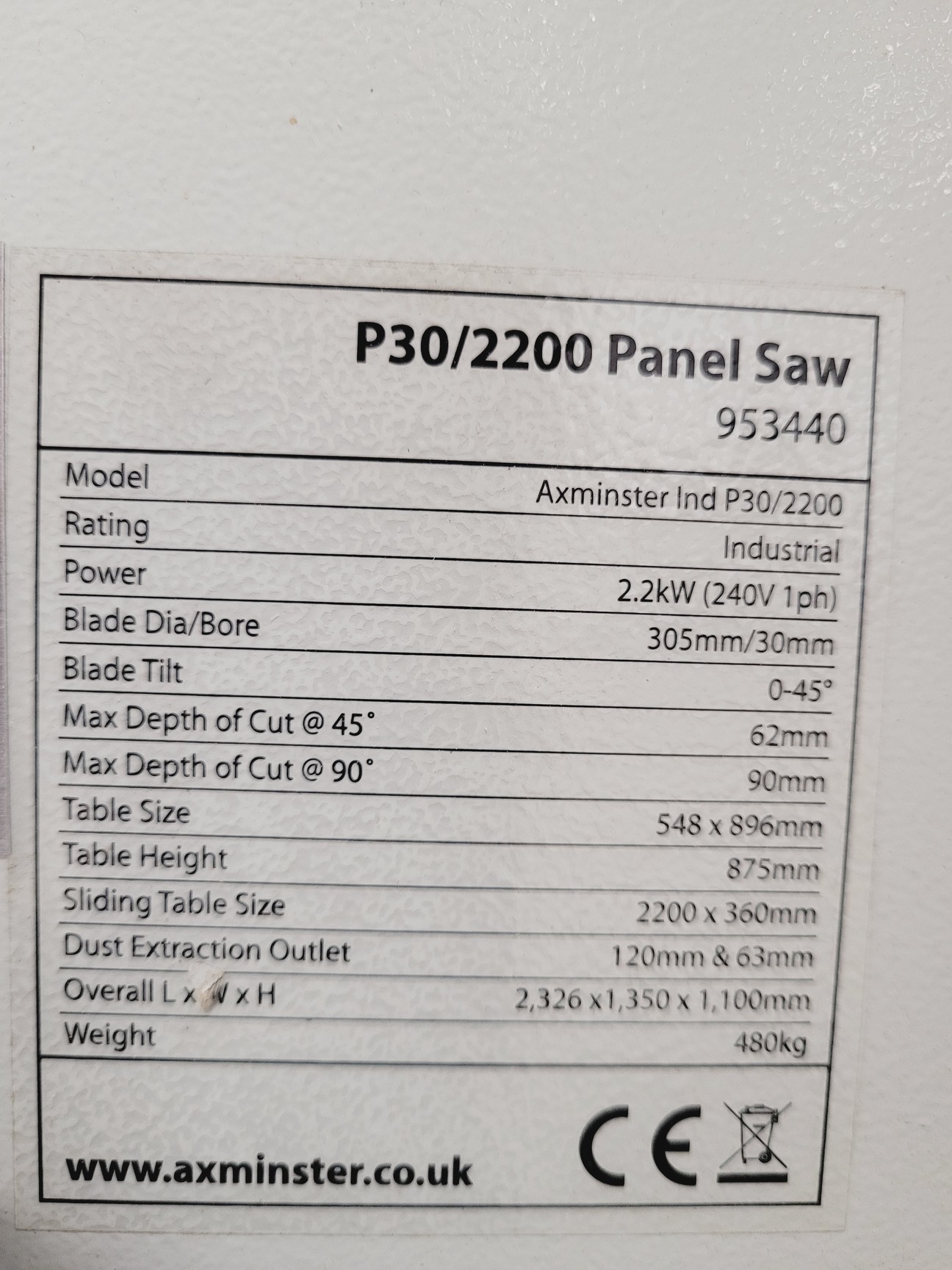 Image of Axminster Industrial Series P30/2200 Panel Saw 953440