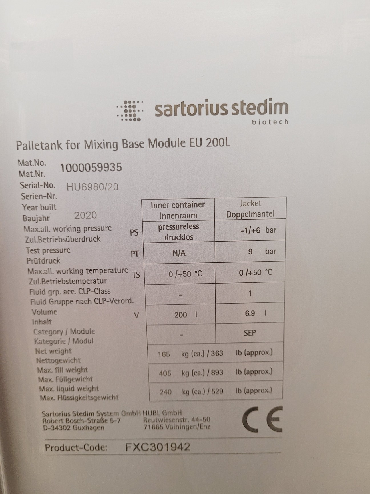 Image of Sartorius Stedim Biotech Palletank For Mixing 200L FXC301942