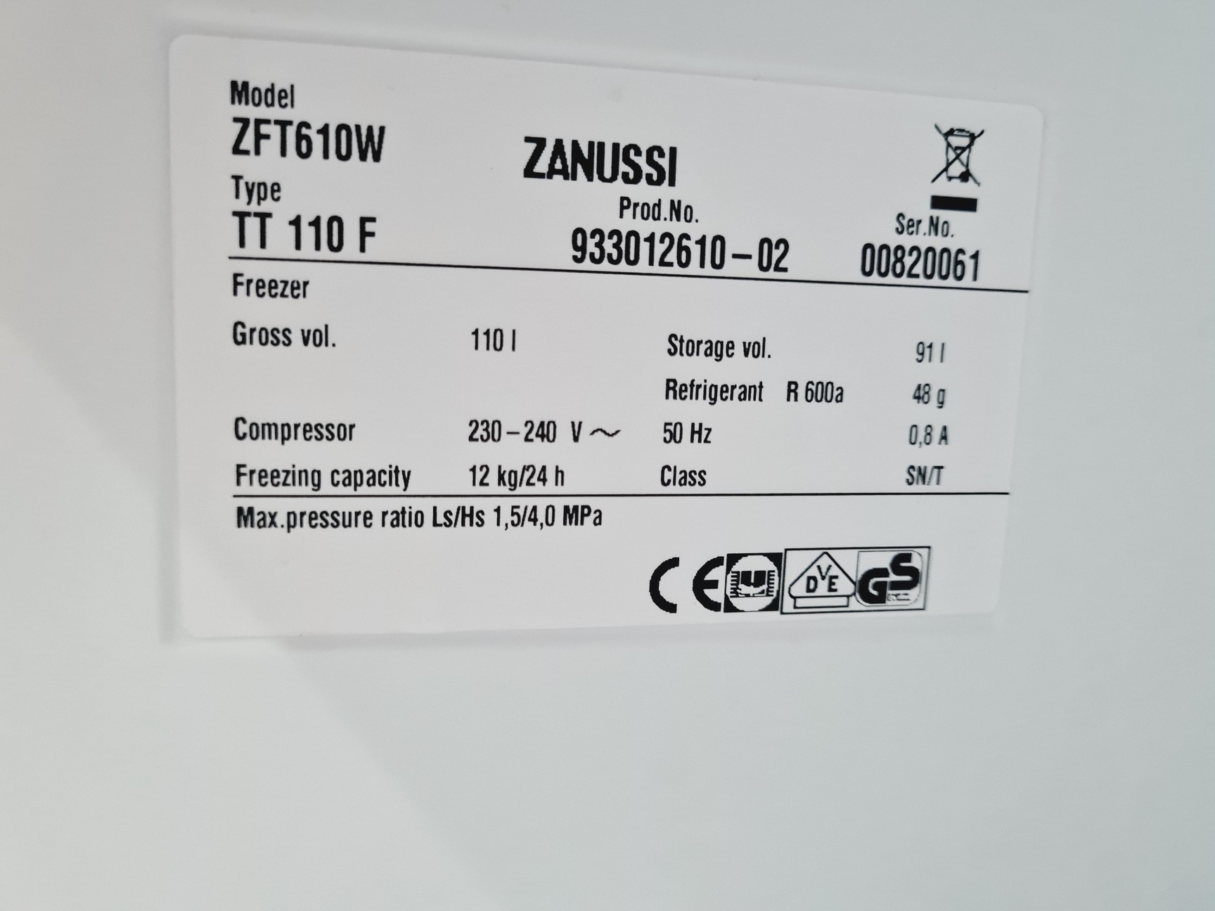 Image of Zanussi ZFT610W Freezer Lab