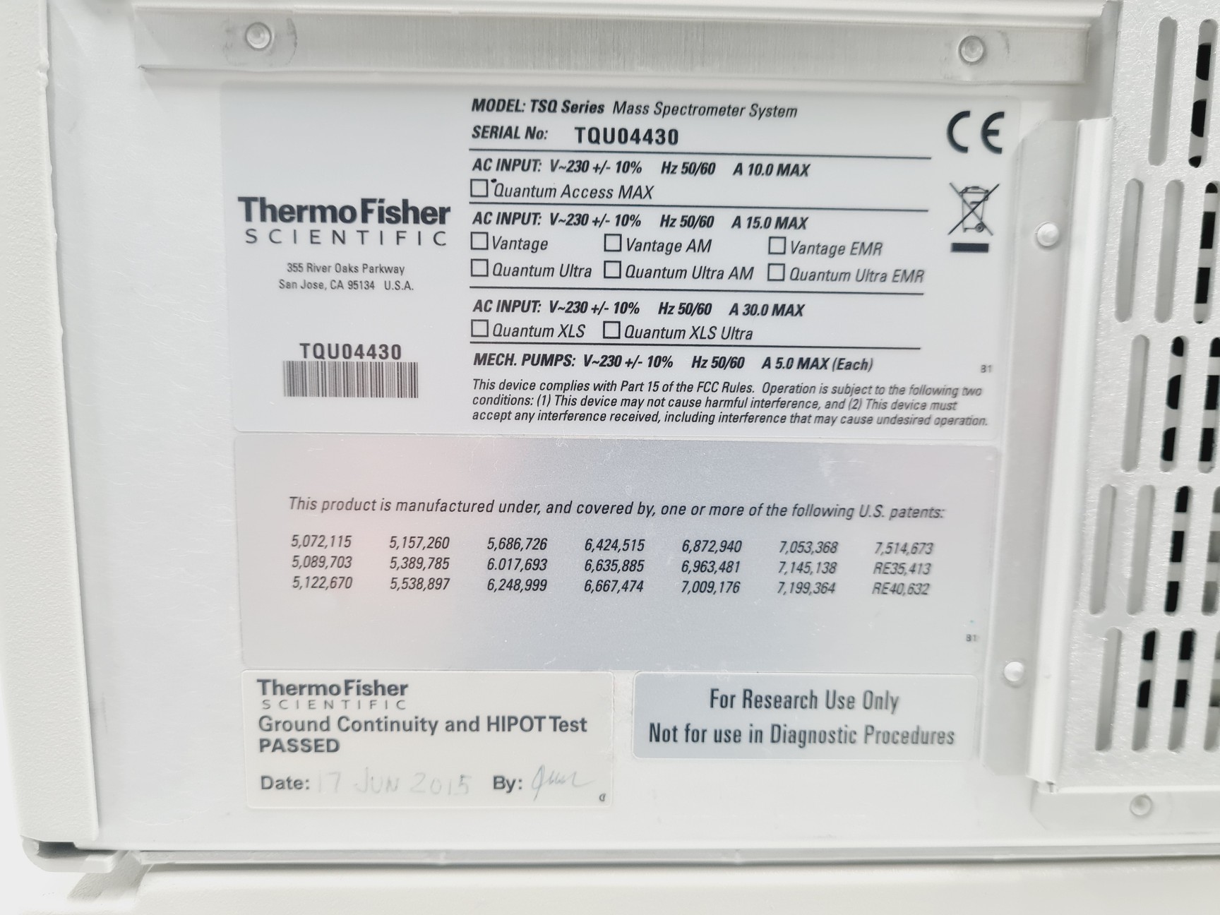 Image of Thermo TSQ Quantum Access Max Mass Spectrometer Lab
