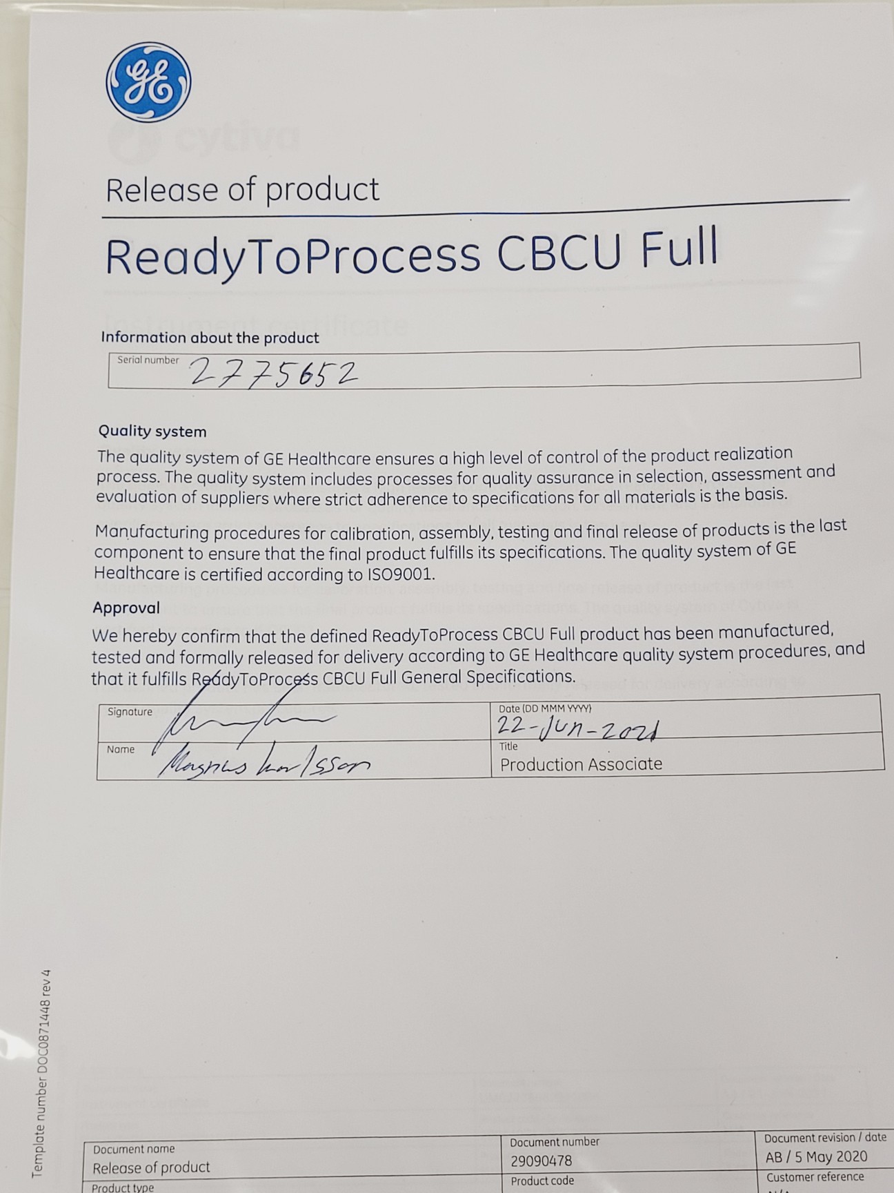 Image of New Cytiva 29044081 ReadyToProcess CBCU Unit for WAVE 25 Bioreactor System Lab