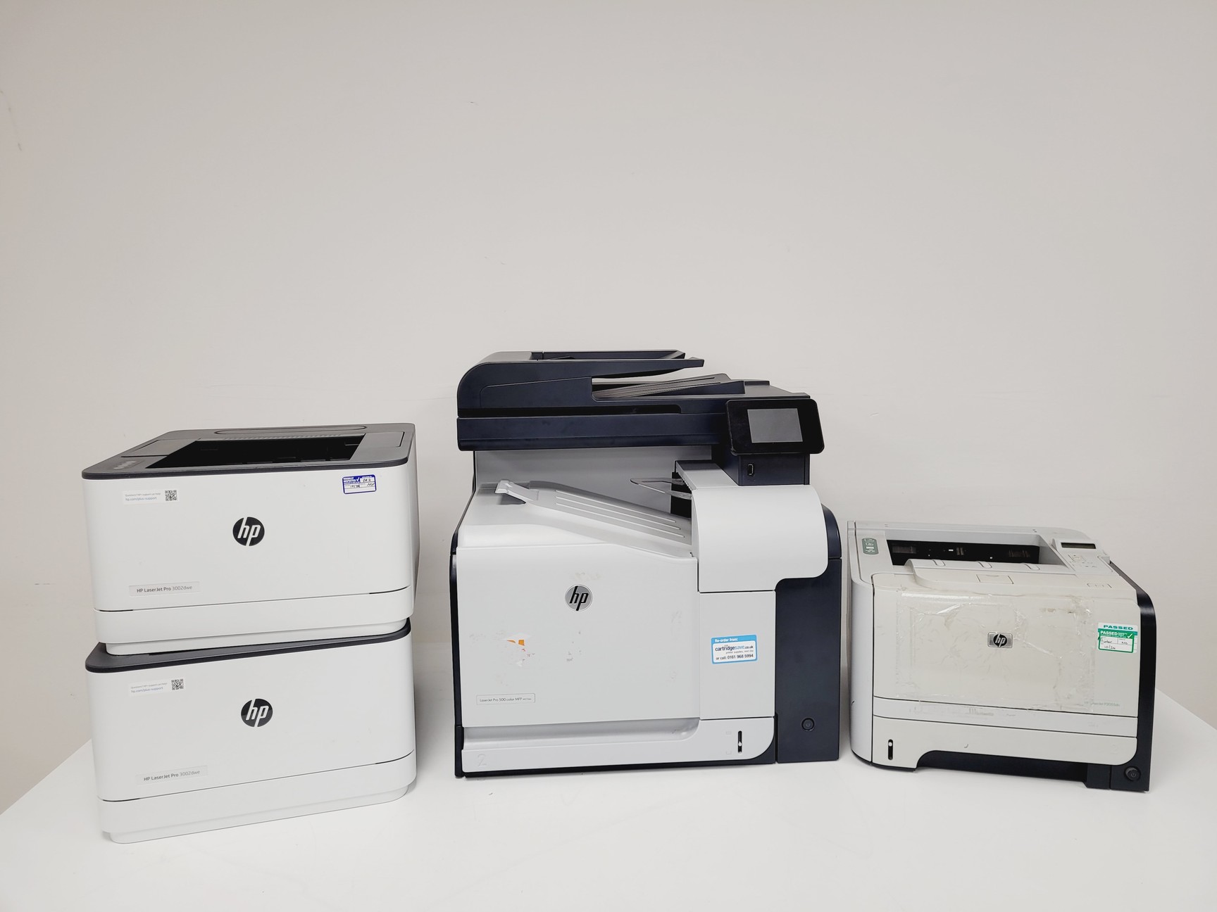 Image of 4 x HP LaserJet Printers – Pro 500 Colour MFP, P2055dn, and 2 x Pro 3002dwe