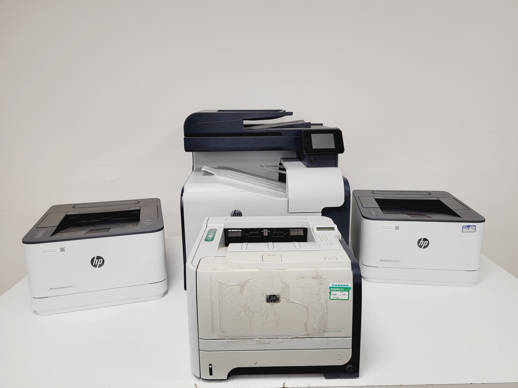 Image of 4 x HP LaserJet Printers – Pro 500 Colour MFP, P2055dn, and 2 x Pro 3002dwe