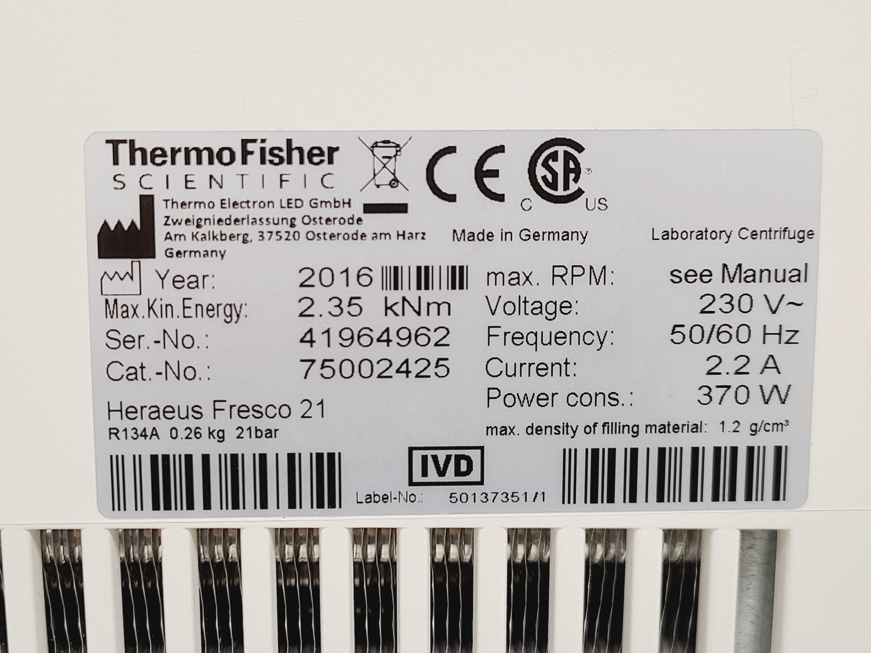Image of Thermo Scientific Model Heraeus Fresco 21 Centrifuge Spares/Repair Lab
