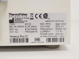 Thumbnail image of Thermo Fisher Heraeus Pico 21 Centrifuge w/ 75003424 Rotor Lab