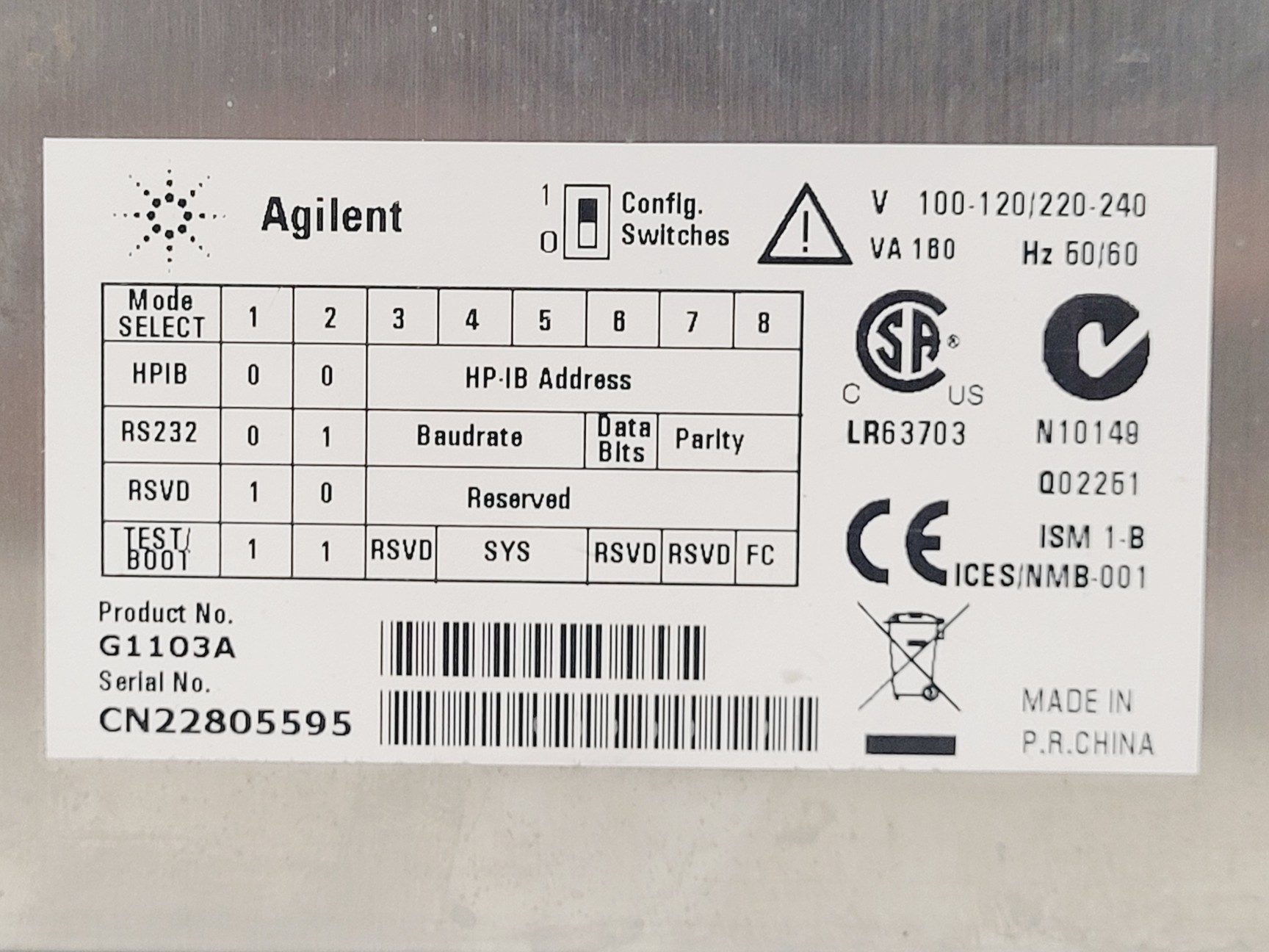 Image of Agilent 8453 UV/VIS G1103A Spectrophotometer