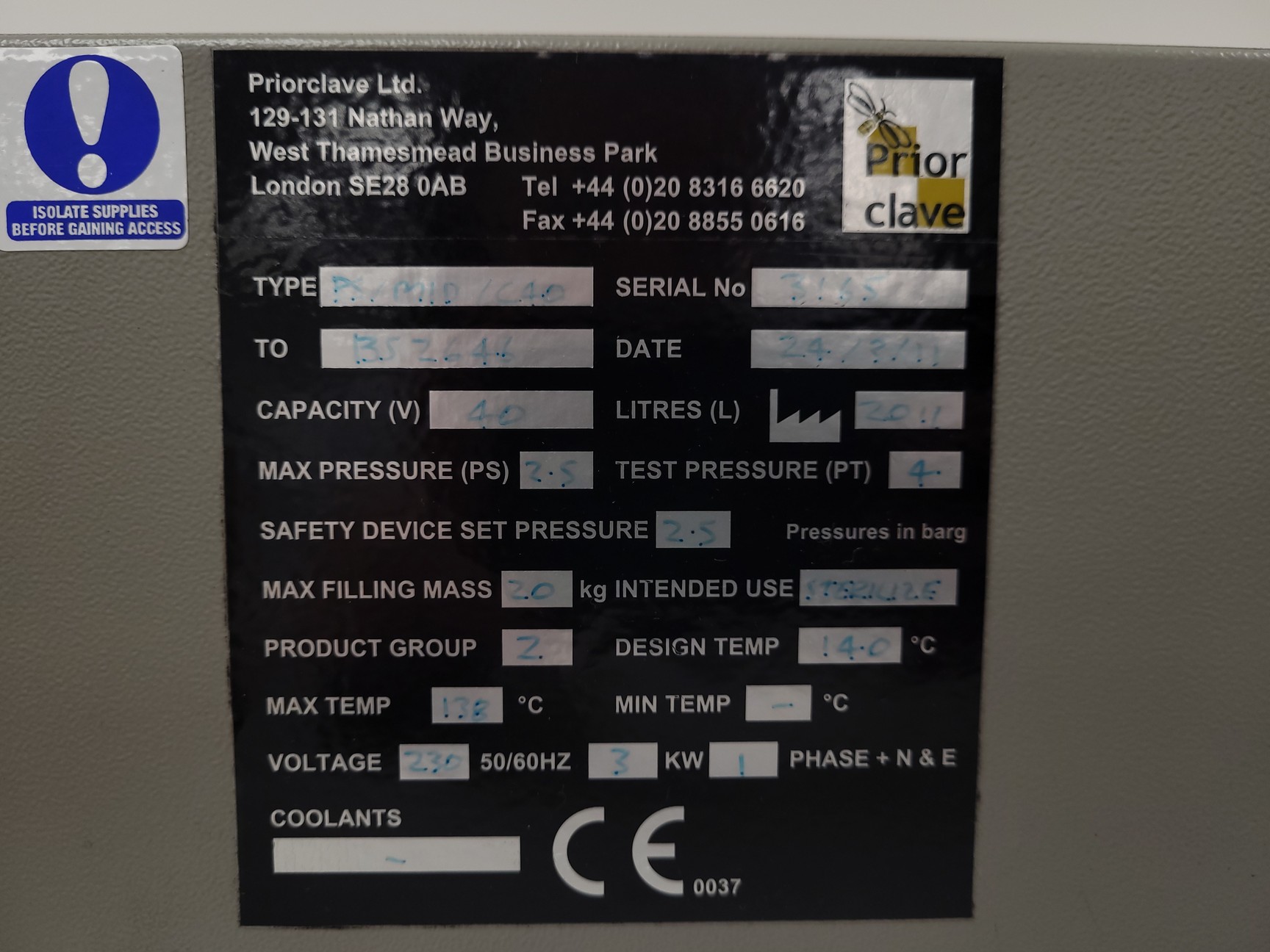 Image of Priorclave PS/MID/C40 Benchtop Autoclave Spares/Repair