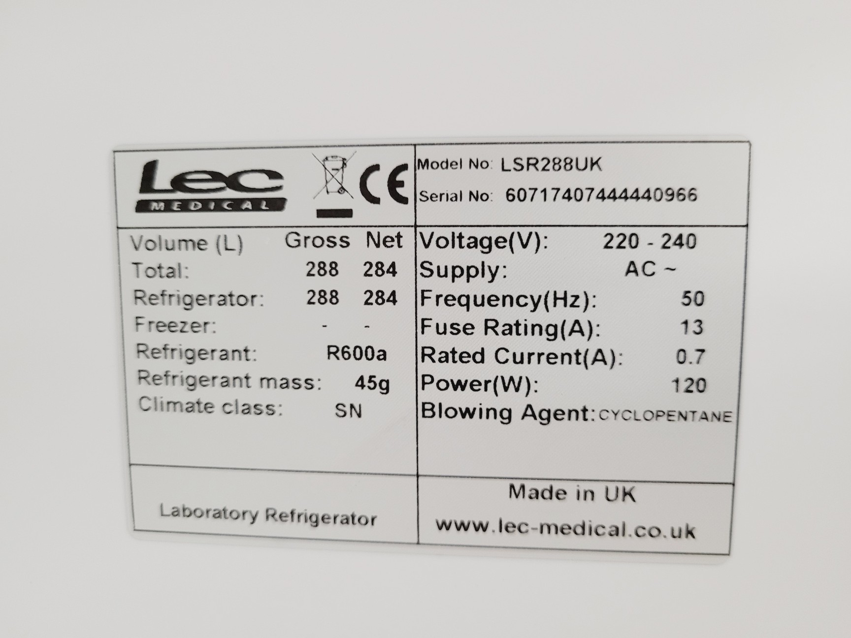 Image of Lec Medical LSR288UK Laboratory Fridge