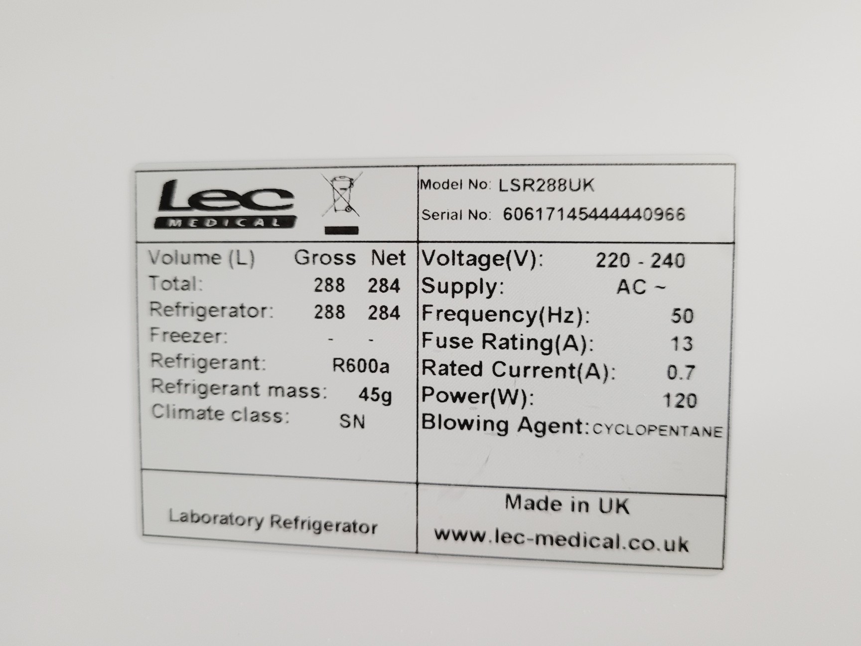 Image of Lec Medical LSR288UK Laboratory Fridge