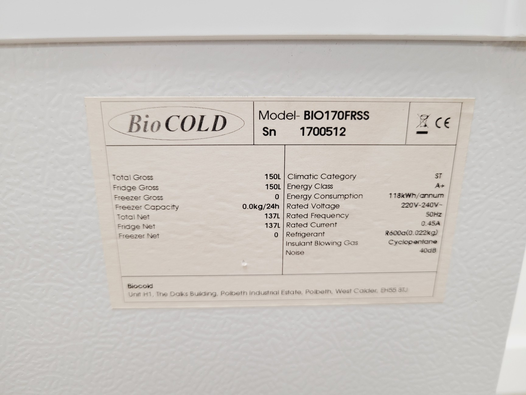 Image of BioCOLD BIO170FRSS Laboratory Fridge