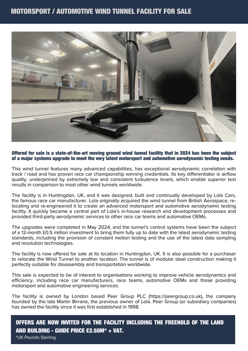Image of High-Performance Automotive Lola Wind Tunnel w/ 1,200m² Facility Upgraded 2024 