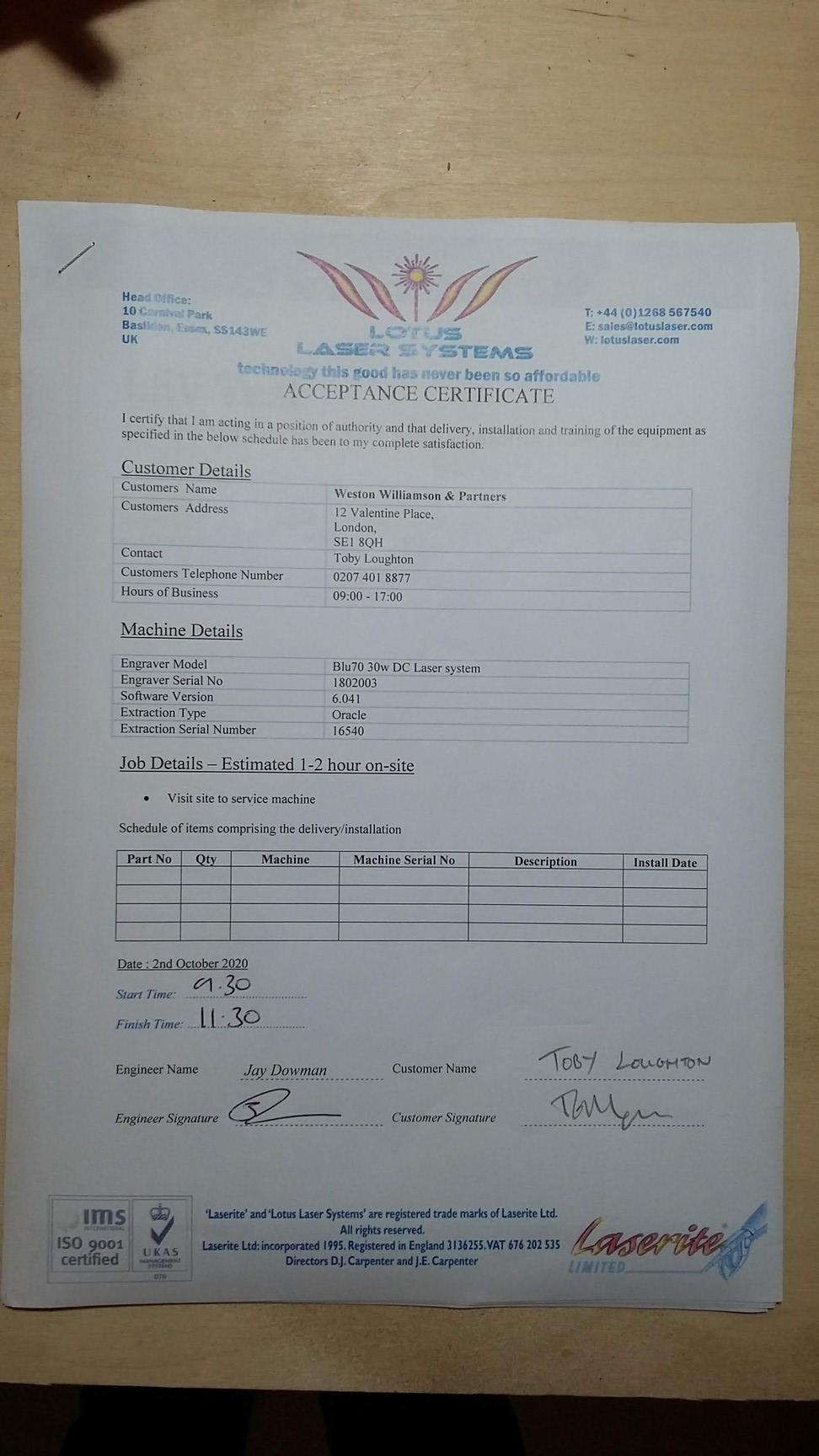 Image of Lotus Blu70 30W Laser Engraving & Cutting Sealed Metal RF CO2 System (2018)