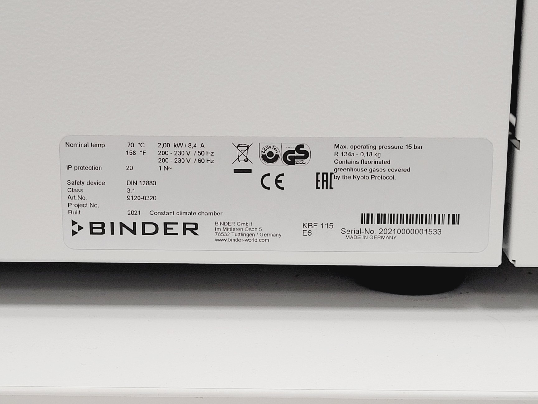 Image of Binder KBF 115 Constant Climate Chamber 2021 Lab