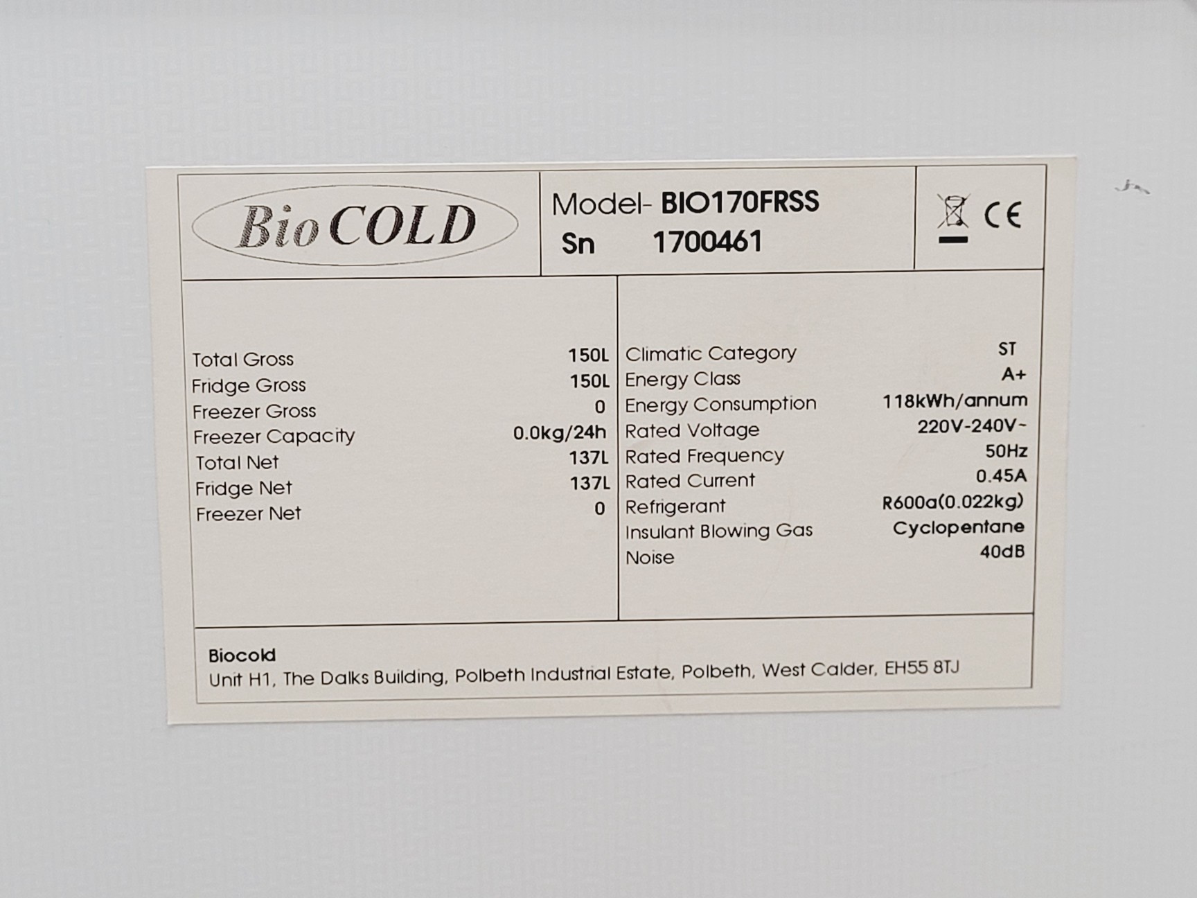 Image of Biocold BIO170FRSS Fridge