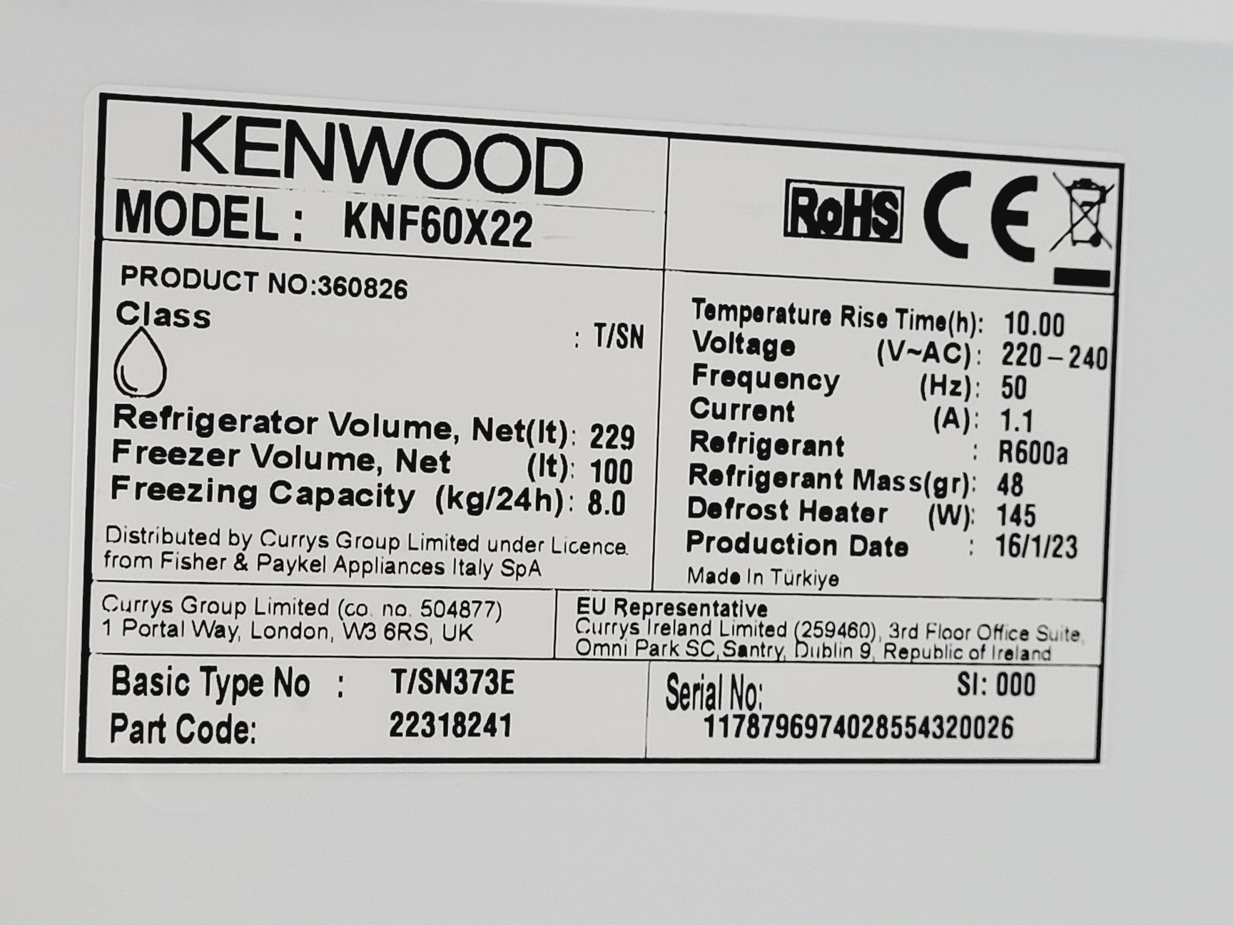Image of Kenwood KNF60X22 Fridge Freezer 186x59.5x 65 cm (HxWxD)