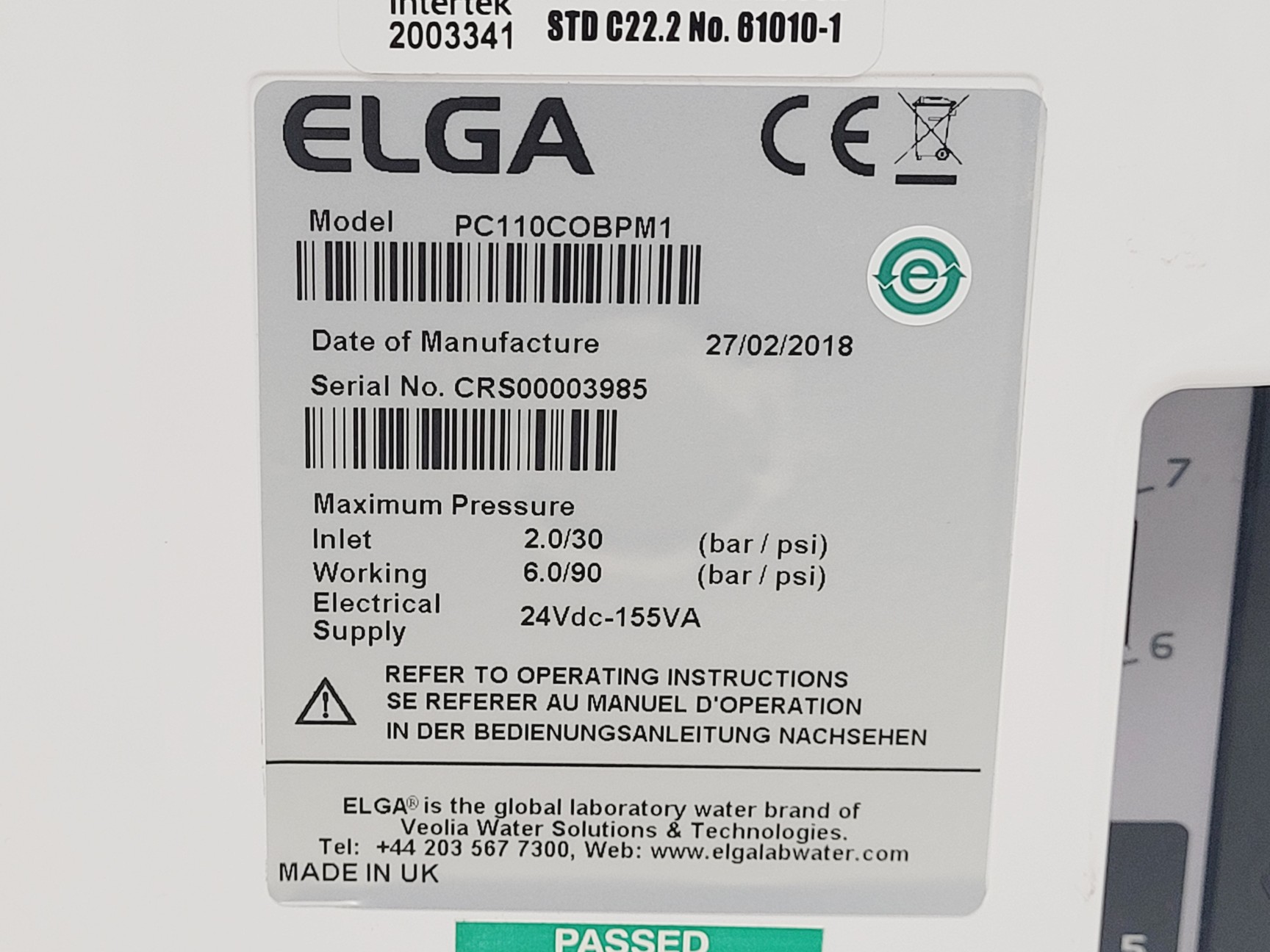 Image of Elga Veolia Purelab Chorus PC110COBPM1 Water Purification System
