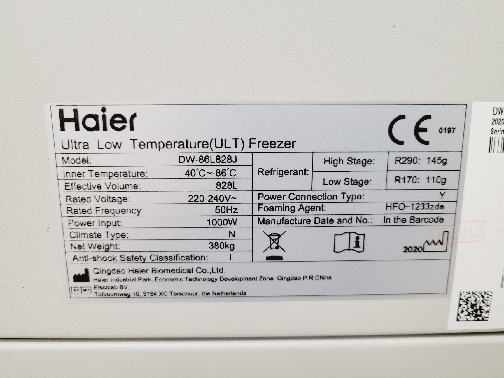 Image of Haier  DW-86L828J Ultra-Low Temperature Freezer -86ºc 