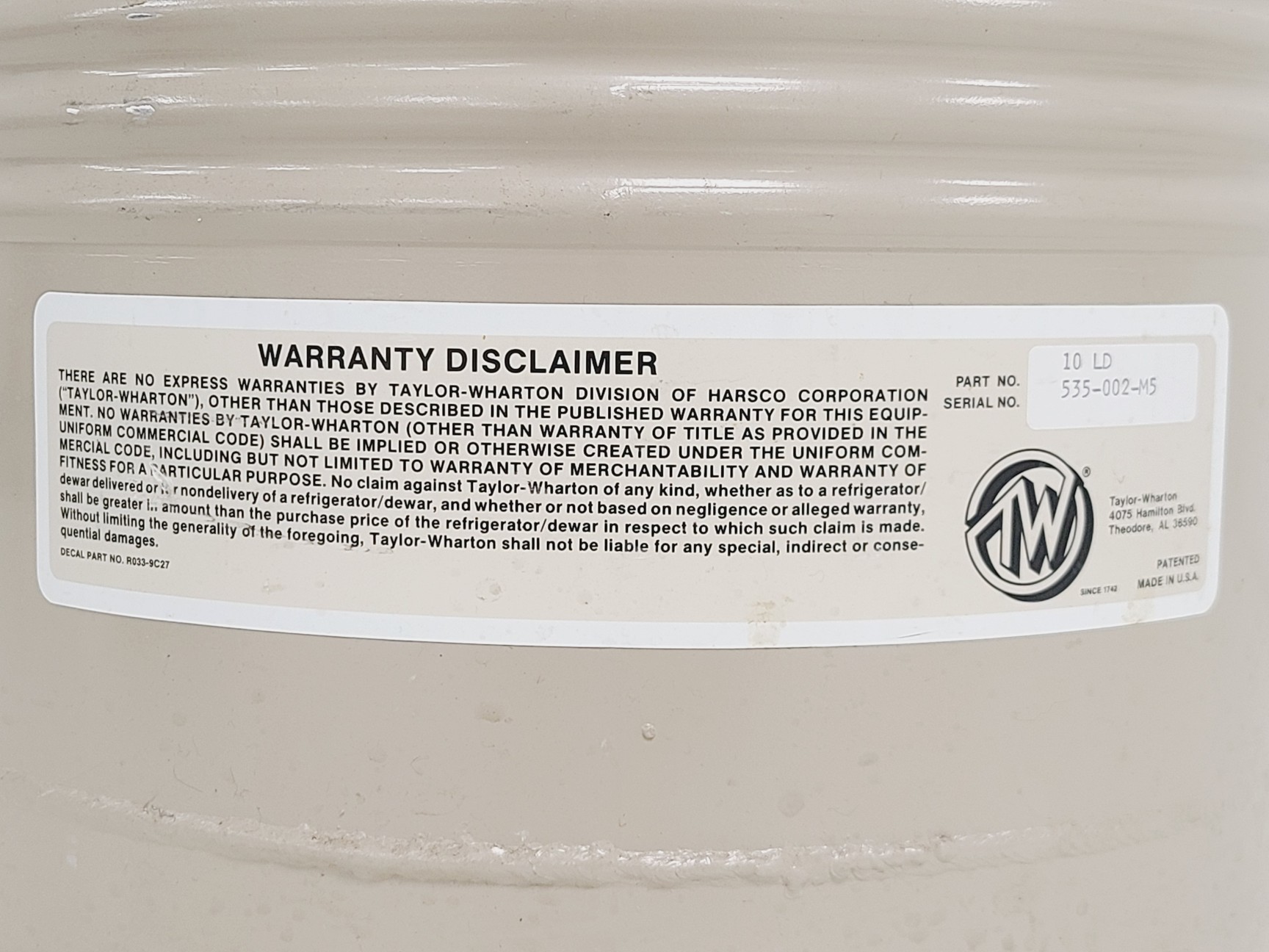 Image of Taylor Wharton 10 LD Dewar