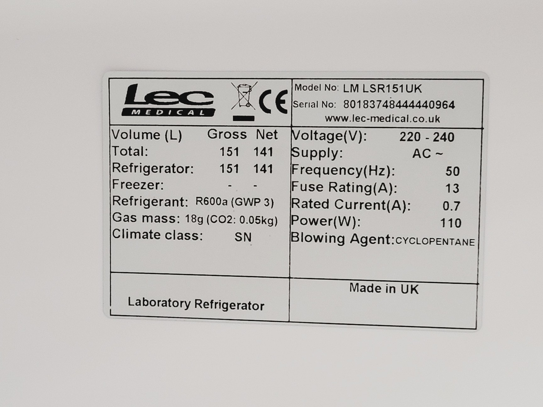 Image of Lec Medical LM LSR151UK Lab Fridge