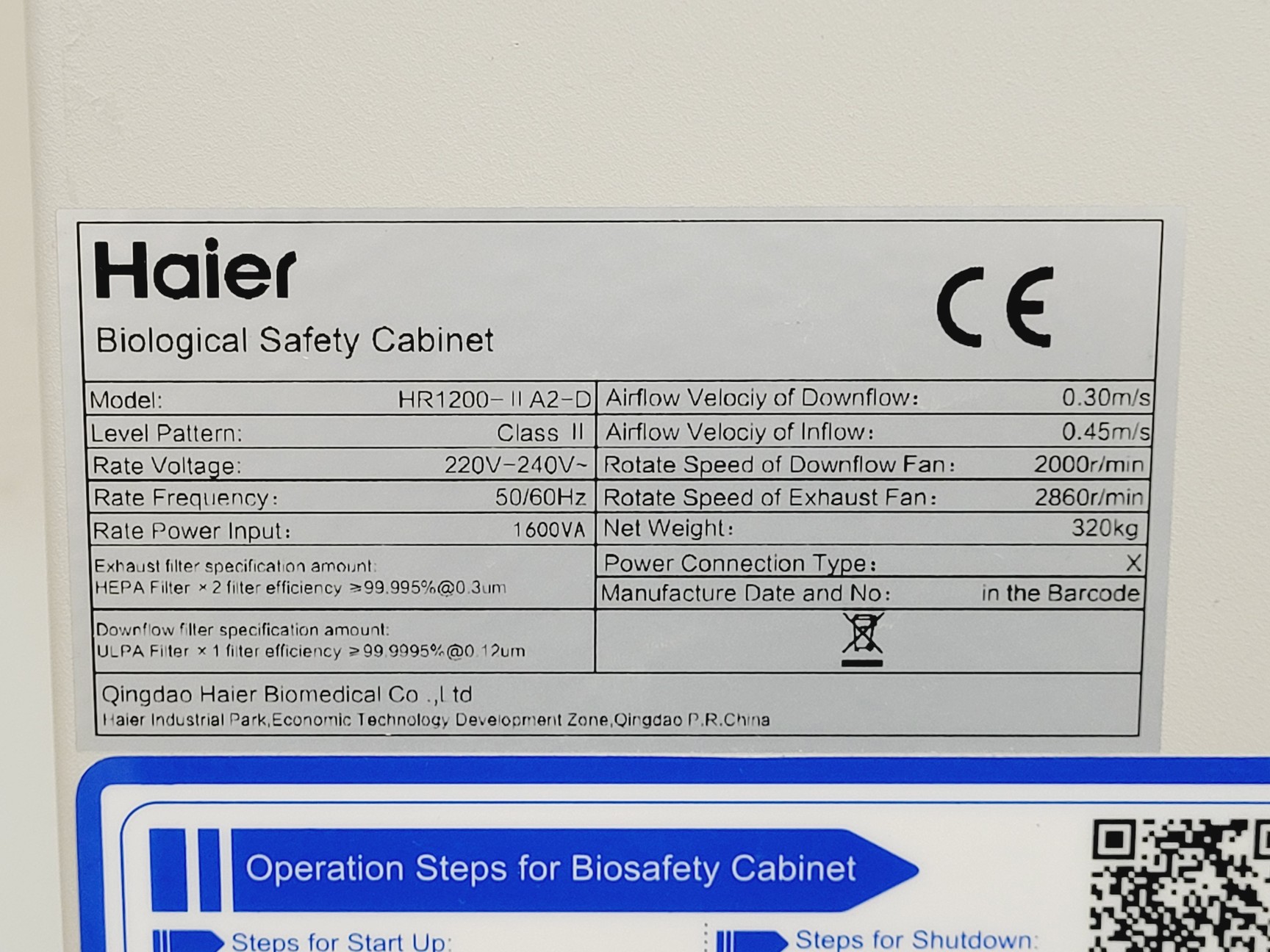 Image of Haier HR1200-II A2-D Class 2 Biological Safety Cabinet w/ Stand Lab