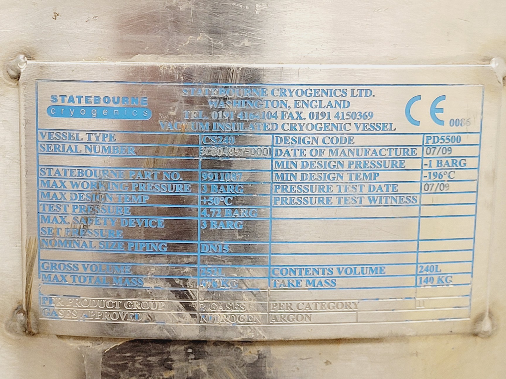 Image of Statebourne Cryogenics CS240 240L Vacuum-insulated Cryogenic Storage Vessel