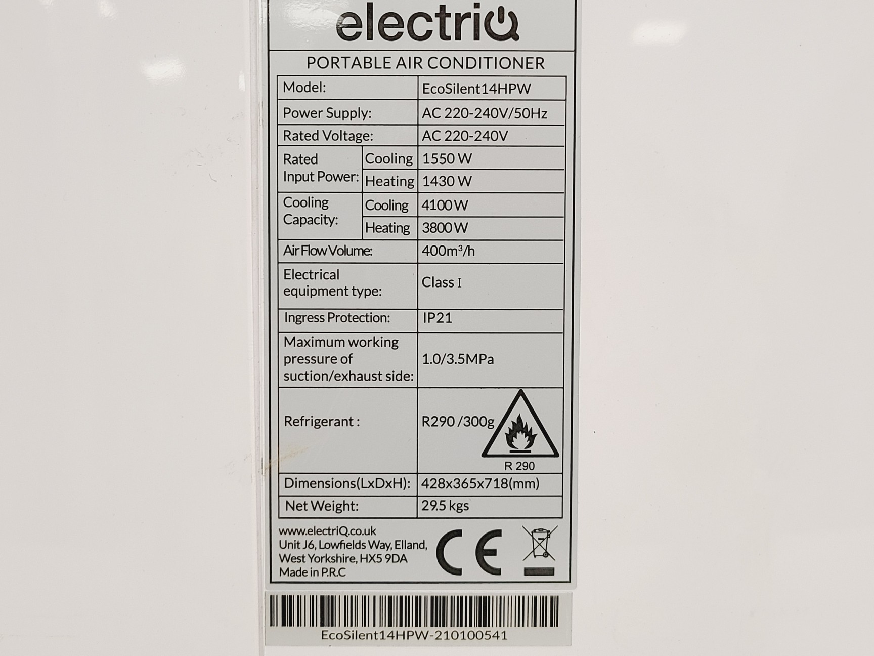 Image of ElectriQ EcoSilent 14HPW Portable Air Conditioner