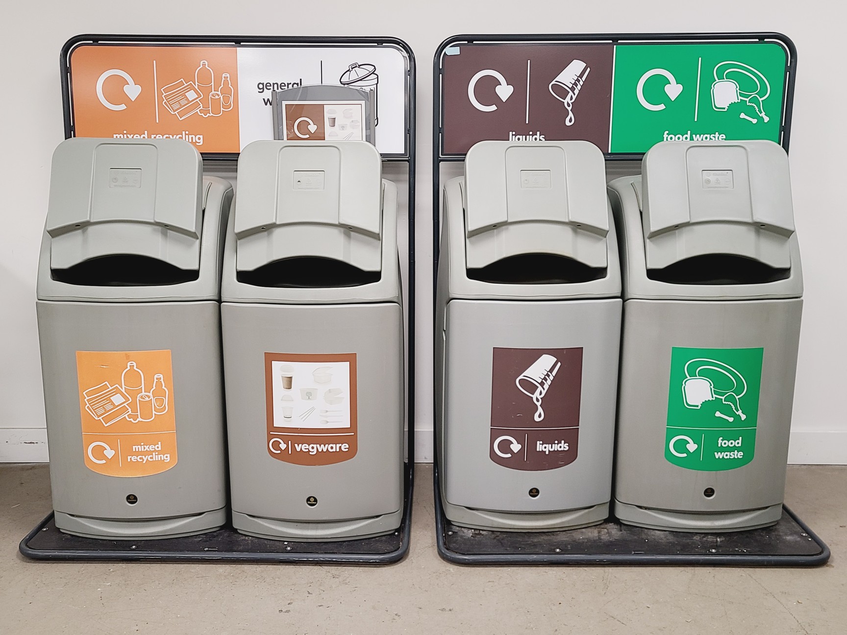 Image of 4 × Glasdon Combo Tray Shelf Bin Stations – Mixed / Food / Liquids / Vegware