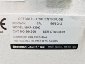 Thumbnail image of Beckman Coulter MAX-130K Optima Ultracentrifuge w/ Wheeled Stand & Rotor Lab