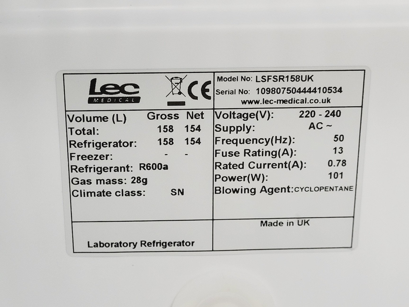 Image of Lec LSFSR158UK Lab Fridge