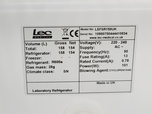 Thumbnail image of Lec LSFSR158UK Lab Fridge