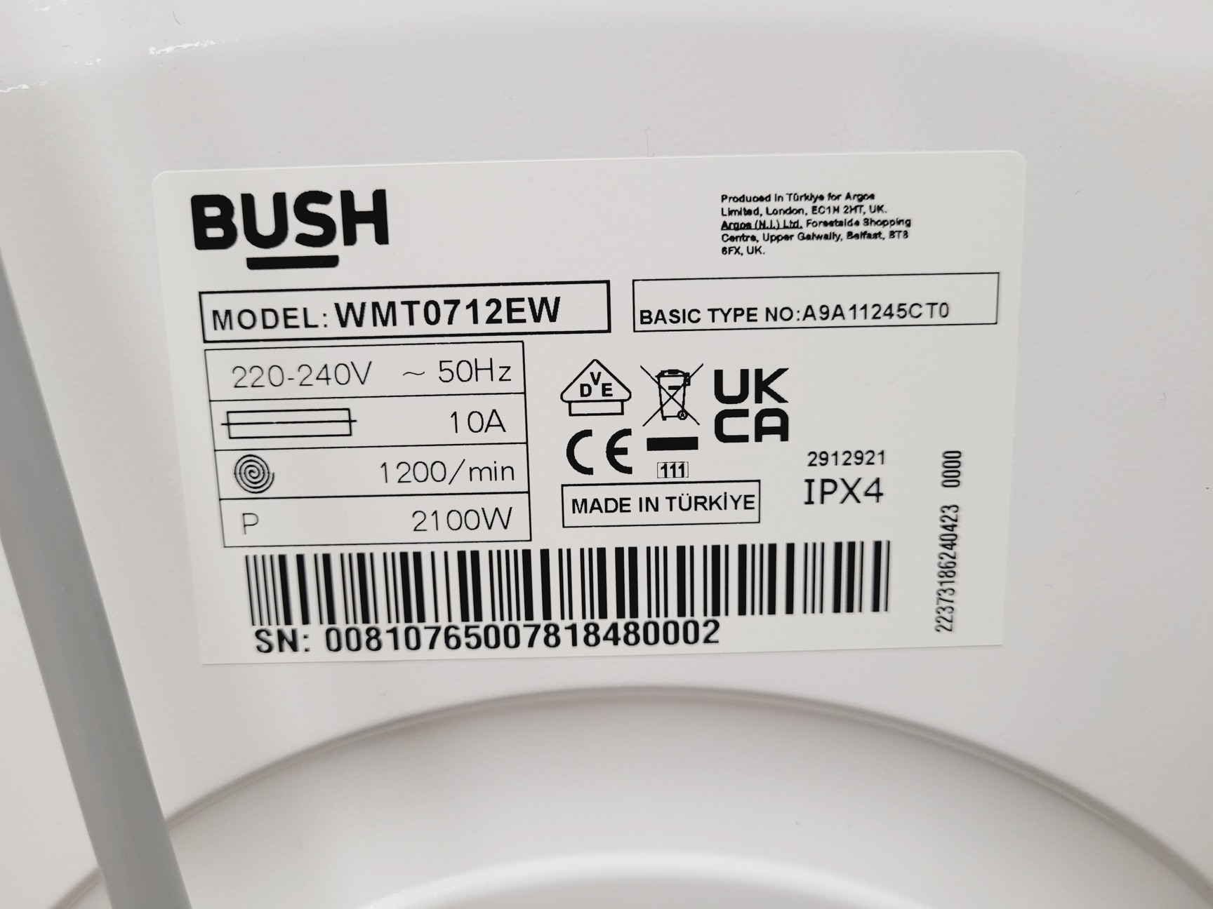 Image of Bush WMT0712EW Washing Machine