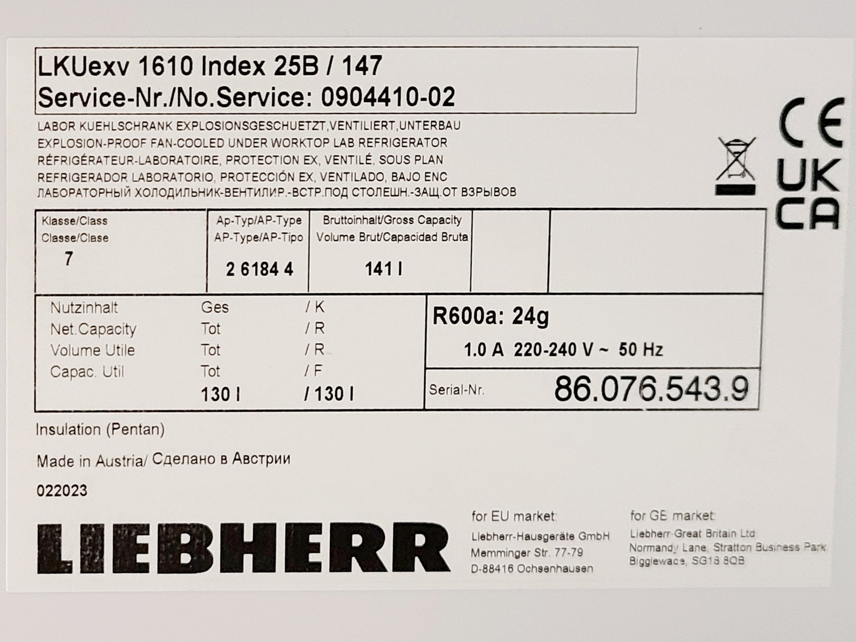 Image of Liebherr LKUexv 1610 Lab Fridge Spares/Repair