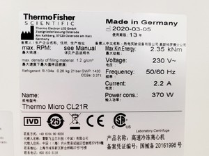 Thumbnail image of ThermoFisher Scientific MicroCL 21R Benchtop Centrifuge
