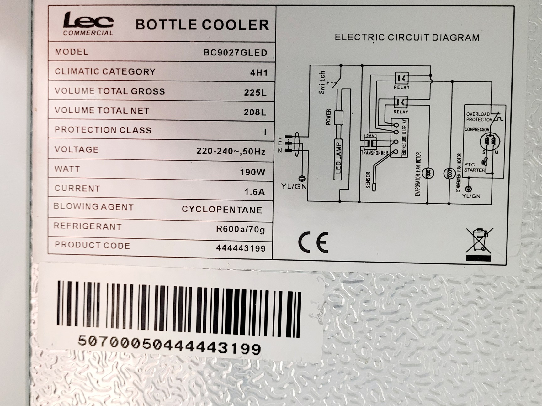 Image of LEC Silver Double Sliding Door Bottle Cooler 225L BC9027G LED