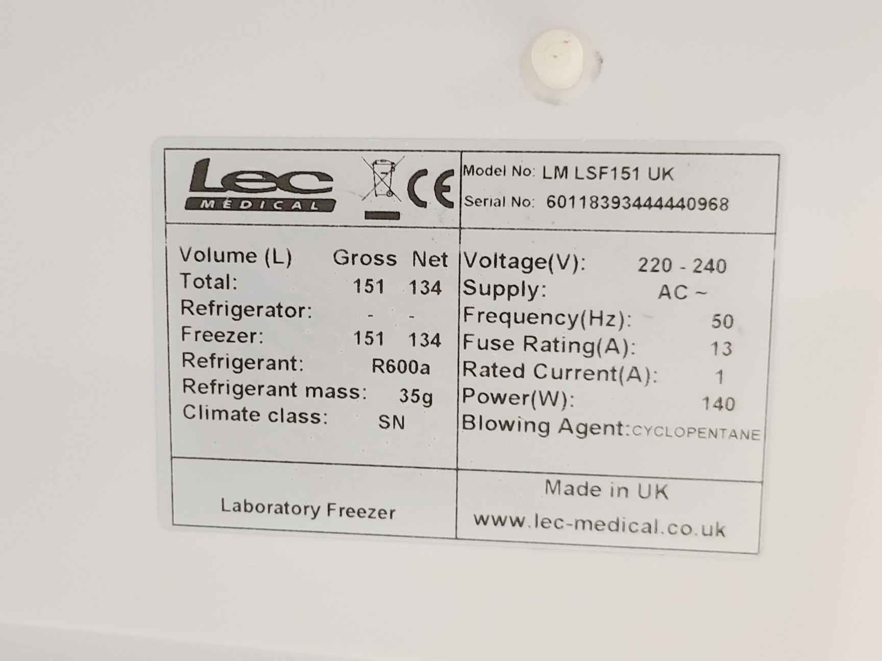 Image of Lec Medical LSF151 Freezer