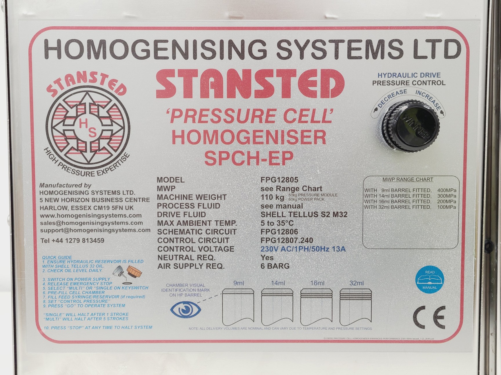 Image of Homogenising Systems Ltd Stansted 'Pressure Cell' Homogeniser Model: FPG12805