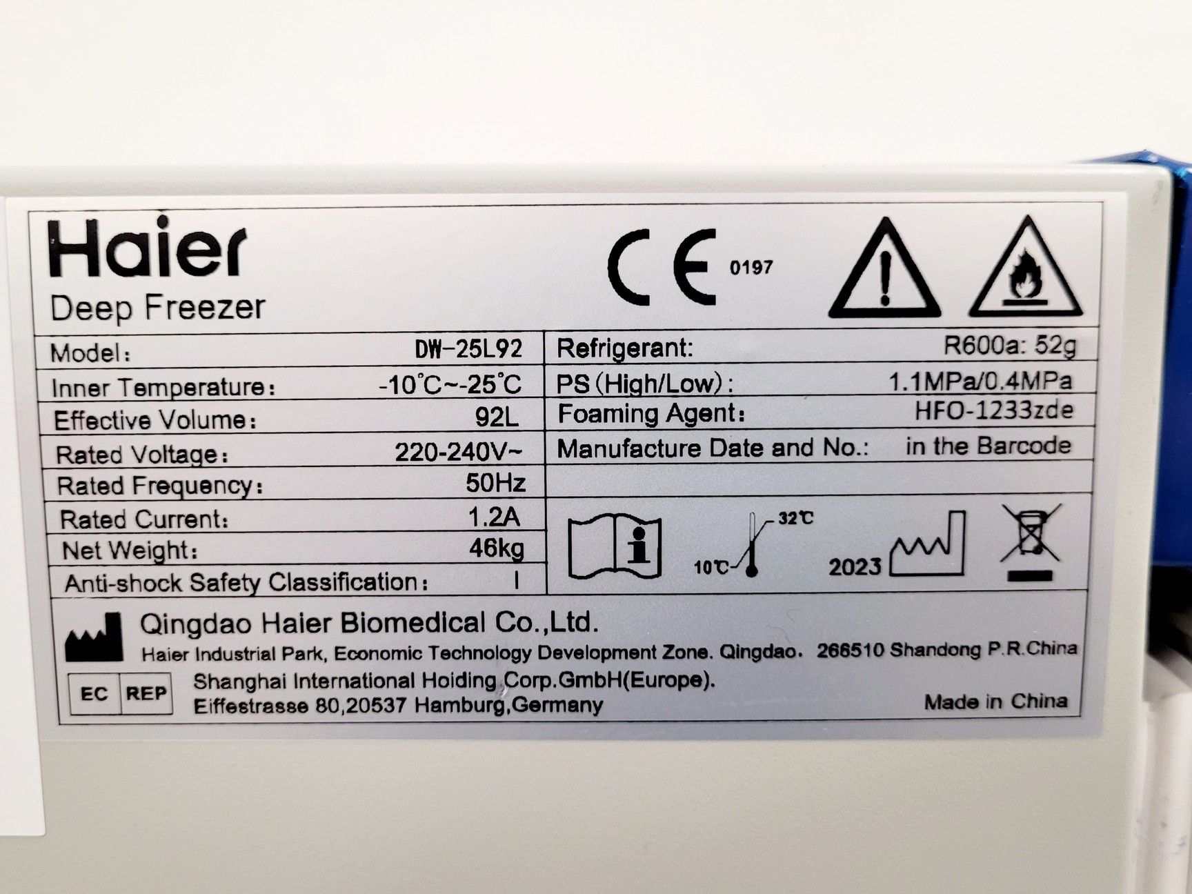 Image of Haier Biomedical DW-25L92 Underbench Laboratory Freezer -25C 92L
