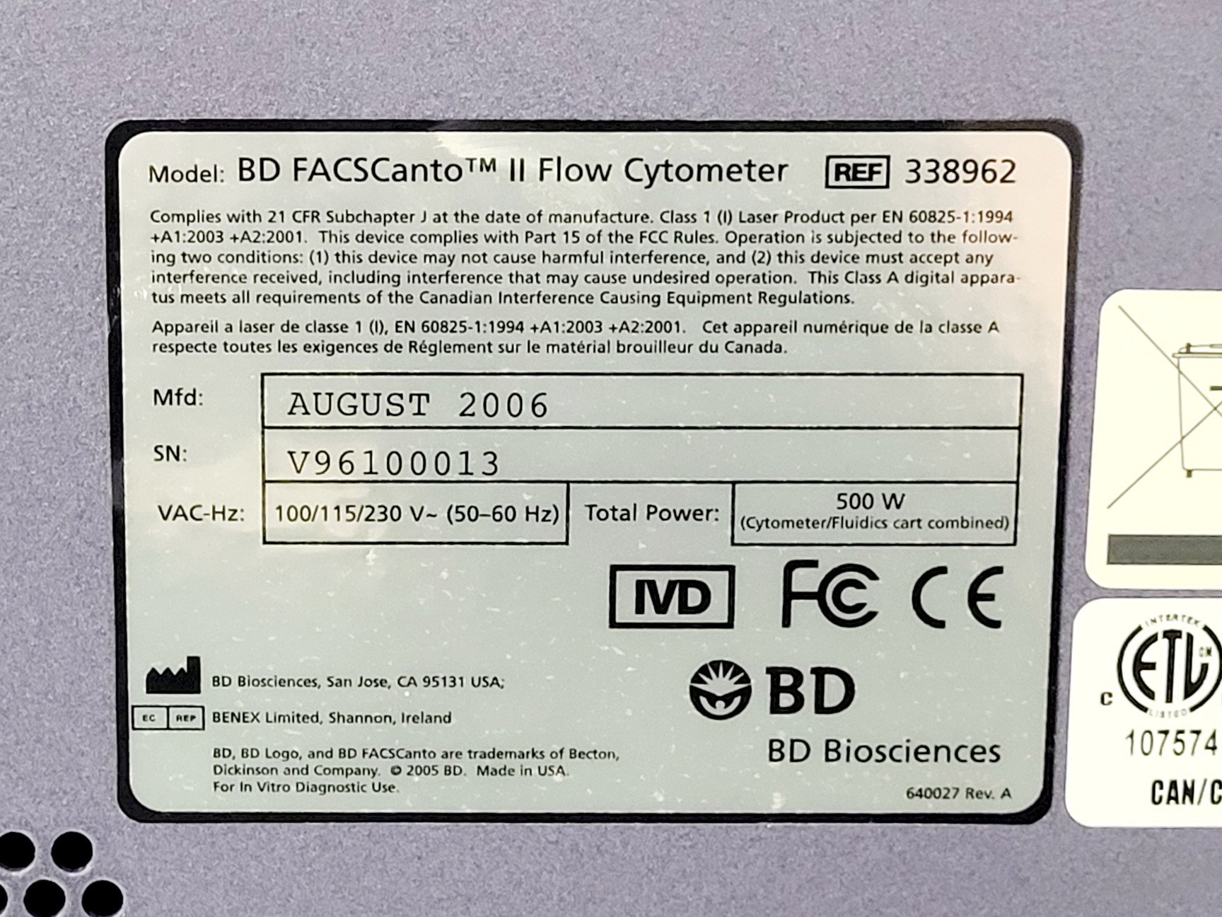Image of BD FACSCanto II Flow Cytometer with Fluidics Cart Lab